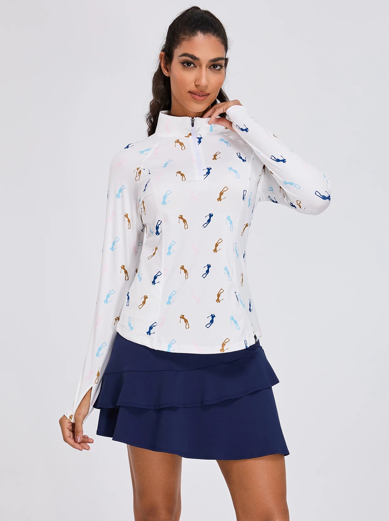 Women's Golfer Print Quarter-zip Long-sleeve Shirt with Pockets