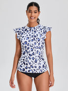 Blue Leopard Ruffled Sleeveless Rash Guard For Women