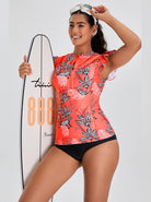 Orange Leaves Quartetzip Ruffled Sleeveless Rash Guard For Women