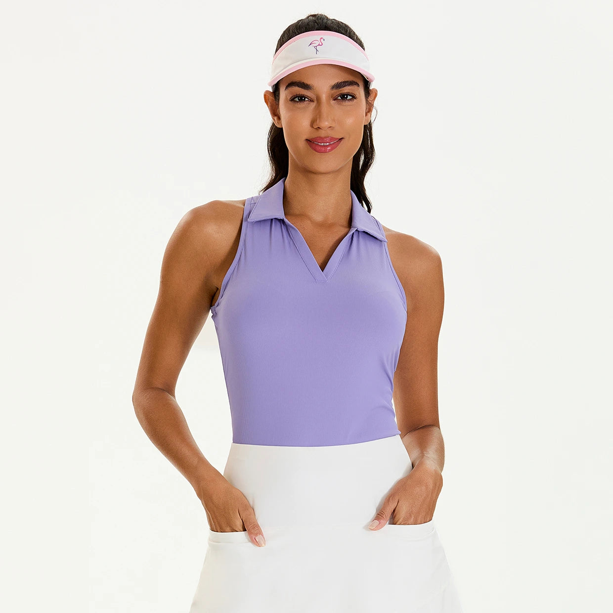 Basic V-neck Racerback Sleeveless Polo Shirt For Women