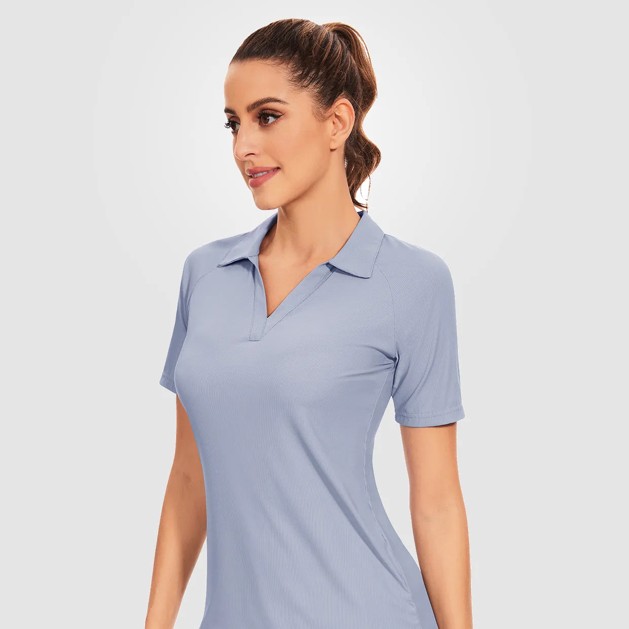 Basic Ribbed V-neck Short-sleeve Polo Shirt for Women