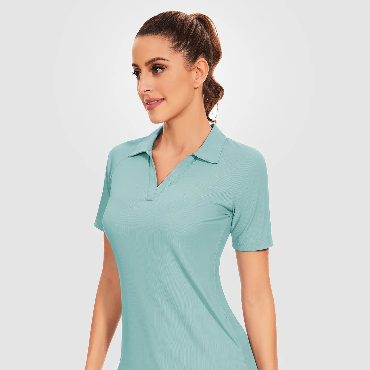 Basic Ribbed V-neck Short-sleeve Polo Shirt for Women