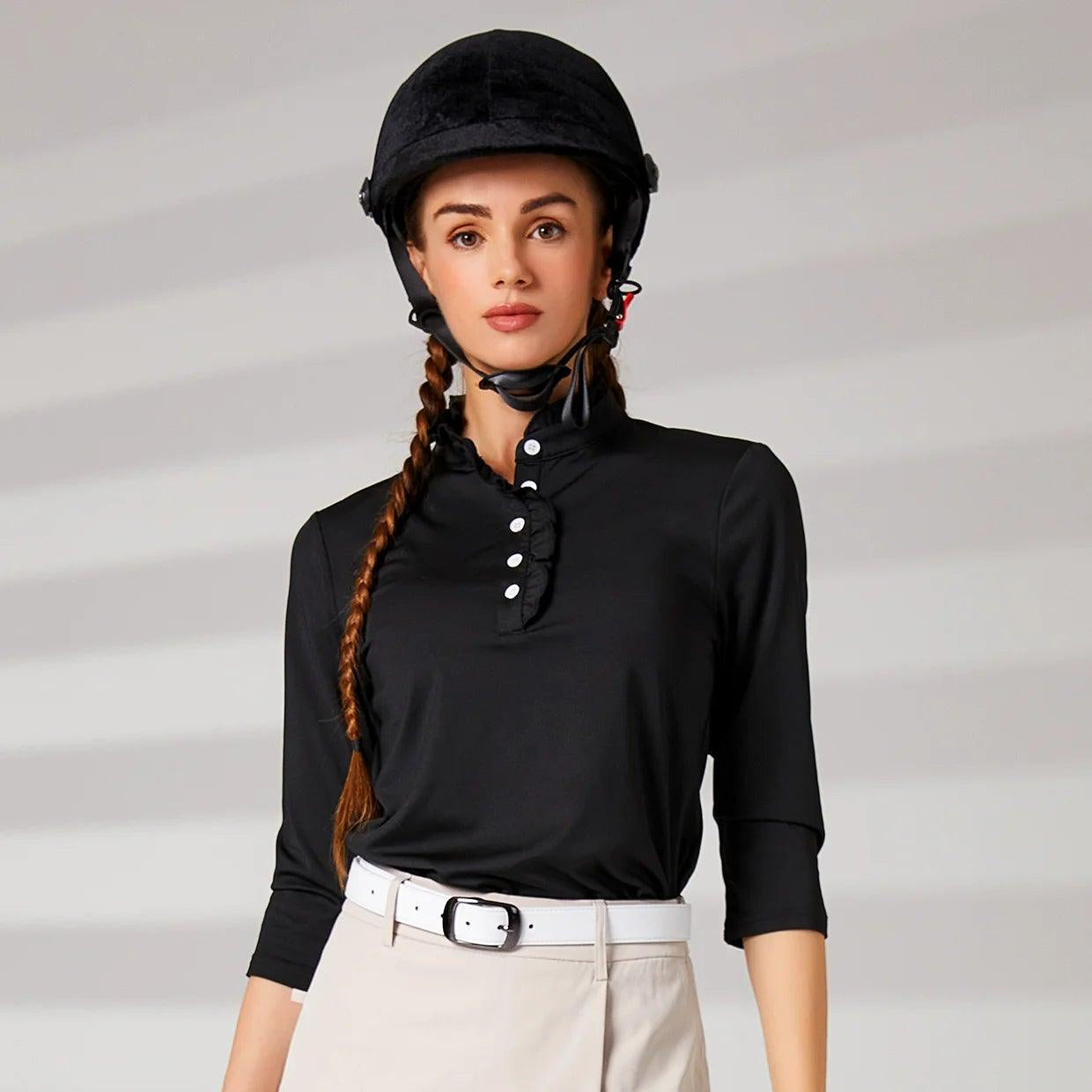Solid Black Ruffled-collar 3/4 Sleeve Polo Shirt For Women