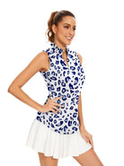 Blue Leopard Stand Collar V-neck Sleeveless Polo Shirt for Women