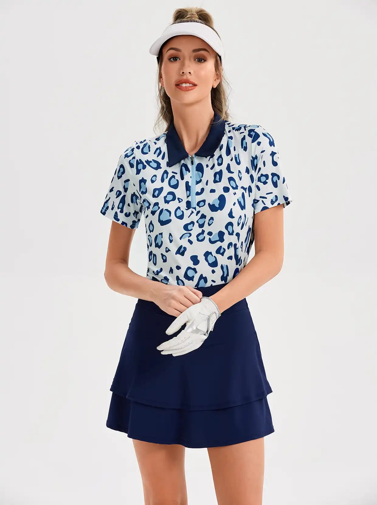 Blue Leopard Print Quarterzip Short Sleeves Golf Polo Shirt for Women