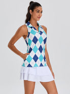 Blue Checkerboard V-neck Racerback Sleeveless Polo Shirt with Pockets