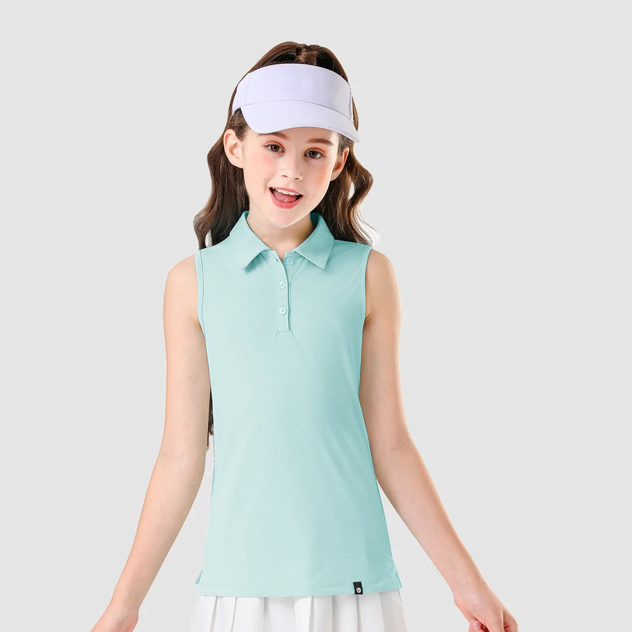 Girls Solid Color Button-placket Sleevless Polo Shirt