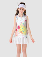 Girls Multicolor Splatter Print V-neck Sleeveless Polo Shirt