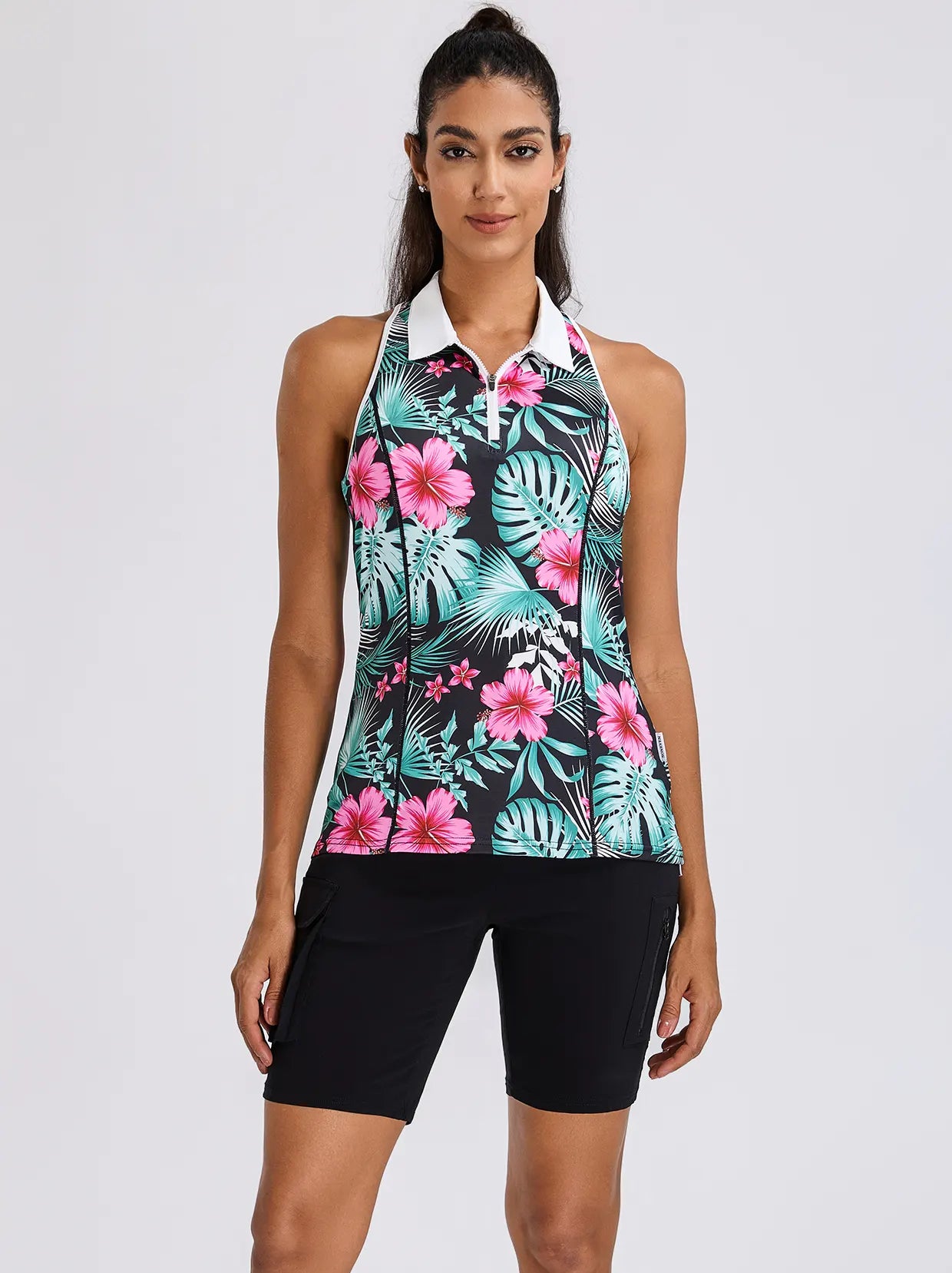 Pink Floral Quarter-zip Racerback Sleeveless Polo Shirt For Women