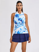 Blue Abstract Quarter-zip Racerback Sleeveless Polo Shirt For Women