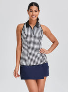Black Houndstooth Quarter-zip Racerback Sleeveless Polo Shirt For Women