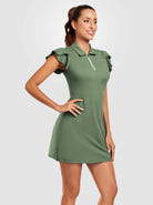 Solid Color Quarter-zip Ruffled Short Sleeve Dress with Pockets