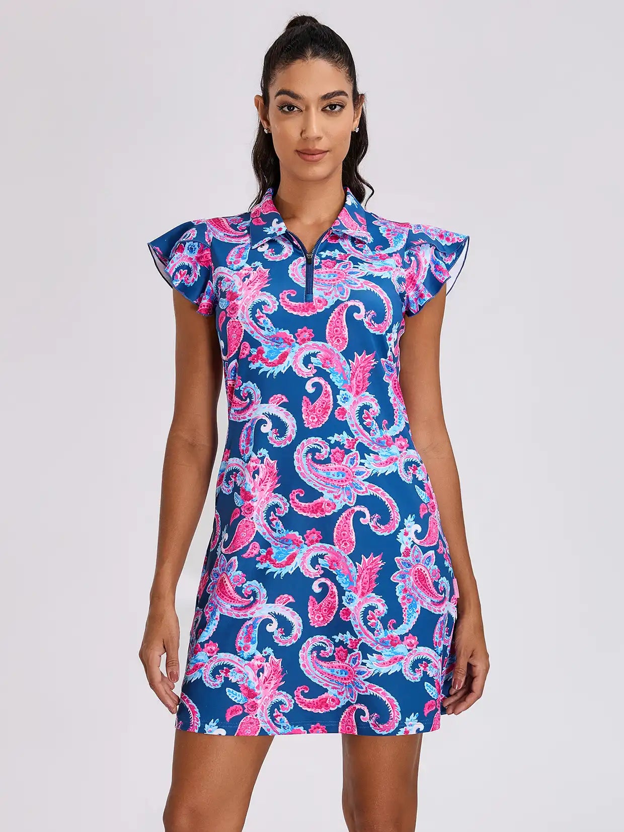 Women's Paisley 34" Quarter-zip Ruffled Sleeve Golf Dress with Pockets