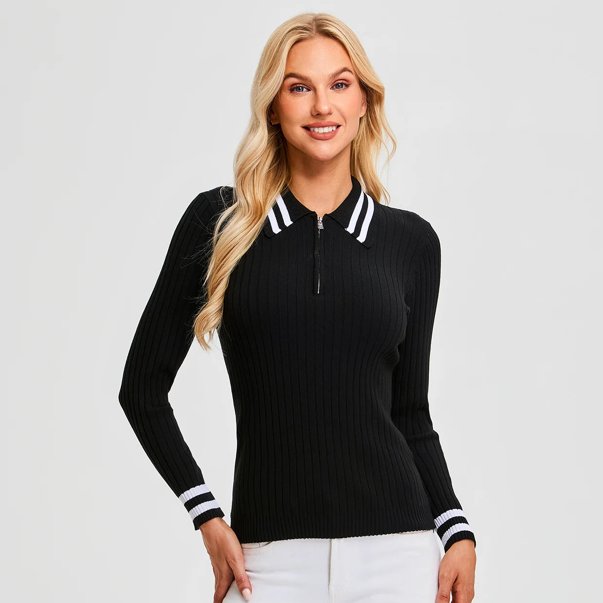 Contrast Quarter-zip Long-sleeve Knitted Polo Shirt for Women