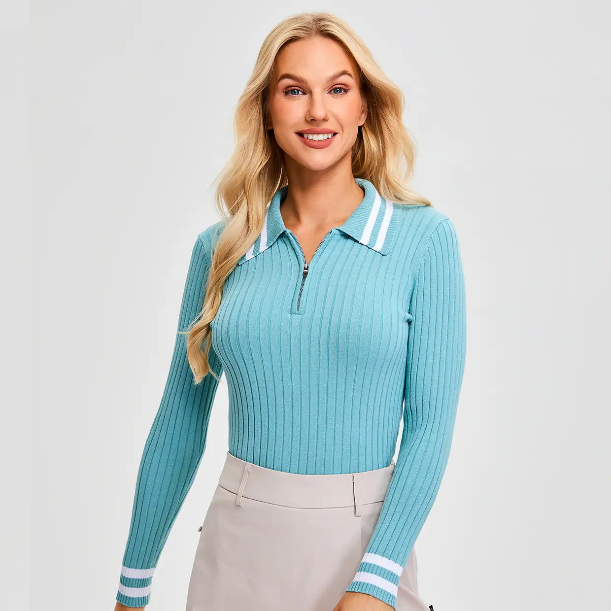 Contrast Quarter-zip Long-sleeve Knitted Polo Shirt for Women