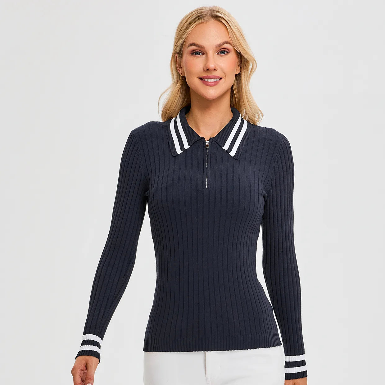 Contrast Quarter-zip Long-sleeve Knitted Polo Shirt for Women