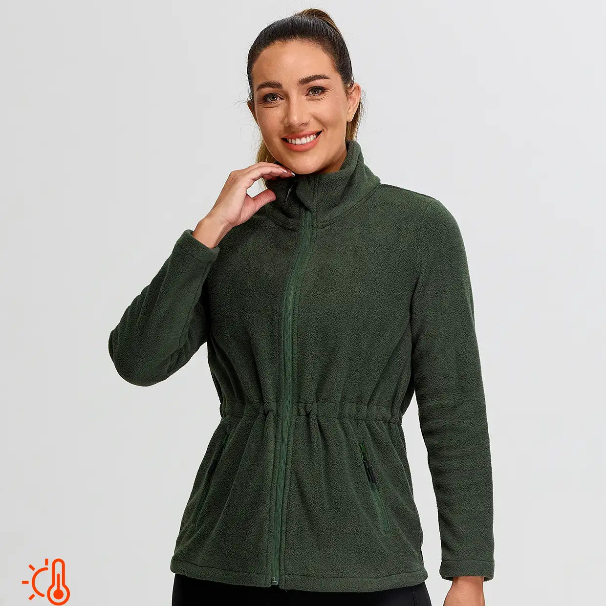 Ladies Green Stand-collar Fleece Jackets with Cinched Waist
