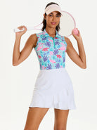 Flamingo and Leaf Print Quarter-zip Sleeveless Polo Shirt For Women