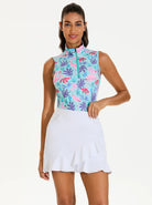 Flamingo and Leaf Print Quarter-zip Sleeveless Polo Shirt For Women