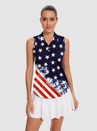 Blue Flag Print V-neck Sleeveless Polo Shirt For Ladies