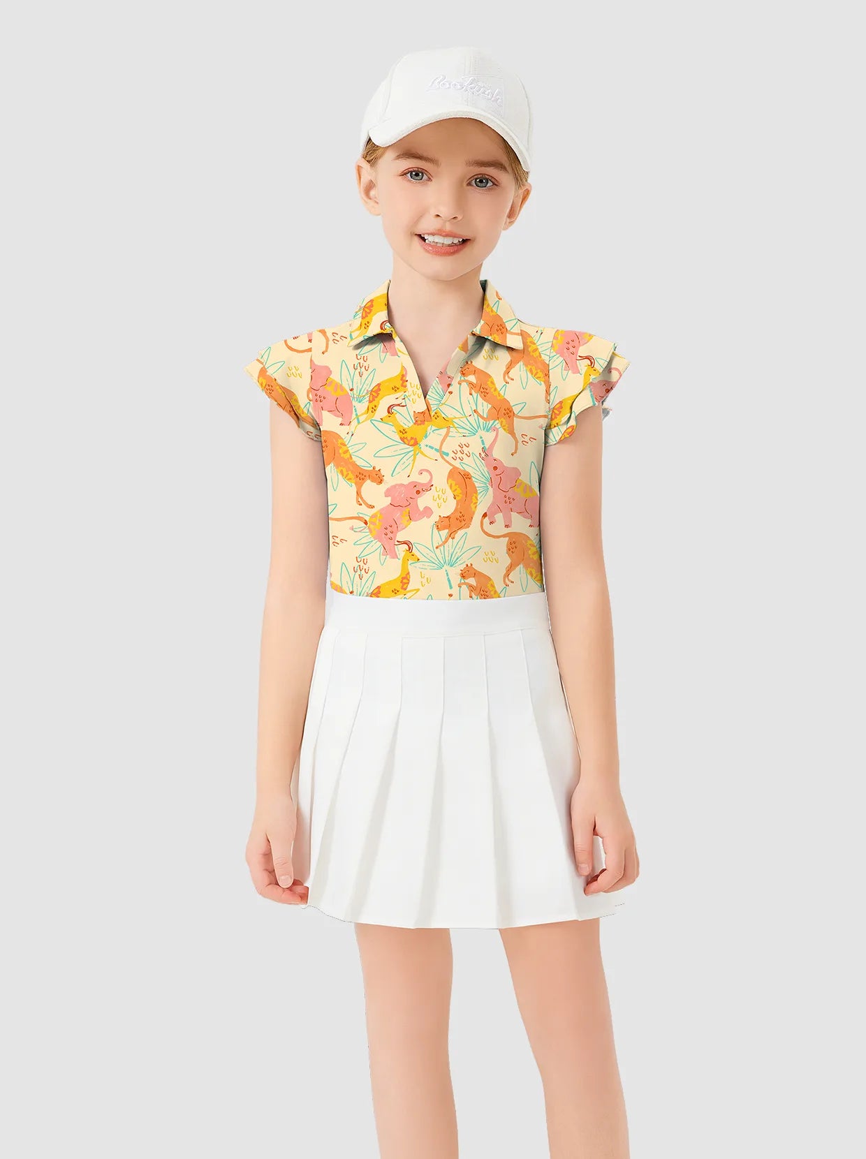 Girls Wildlife print V-neck Ruffled Short-sleeve Polo Shirt