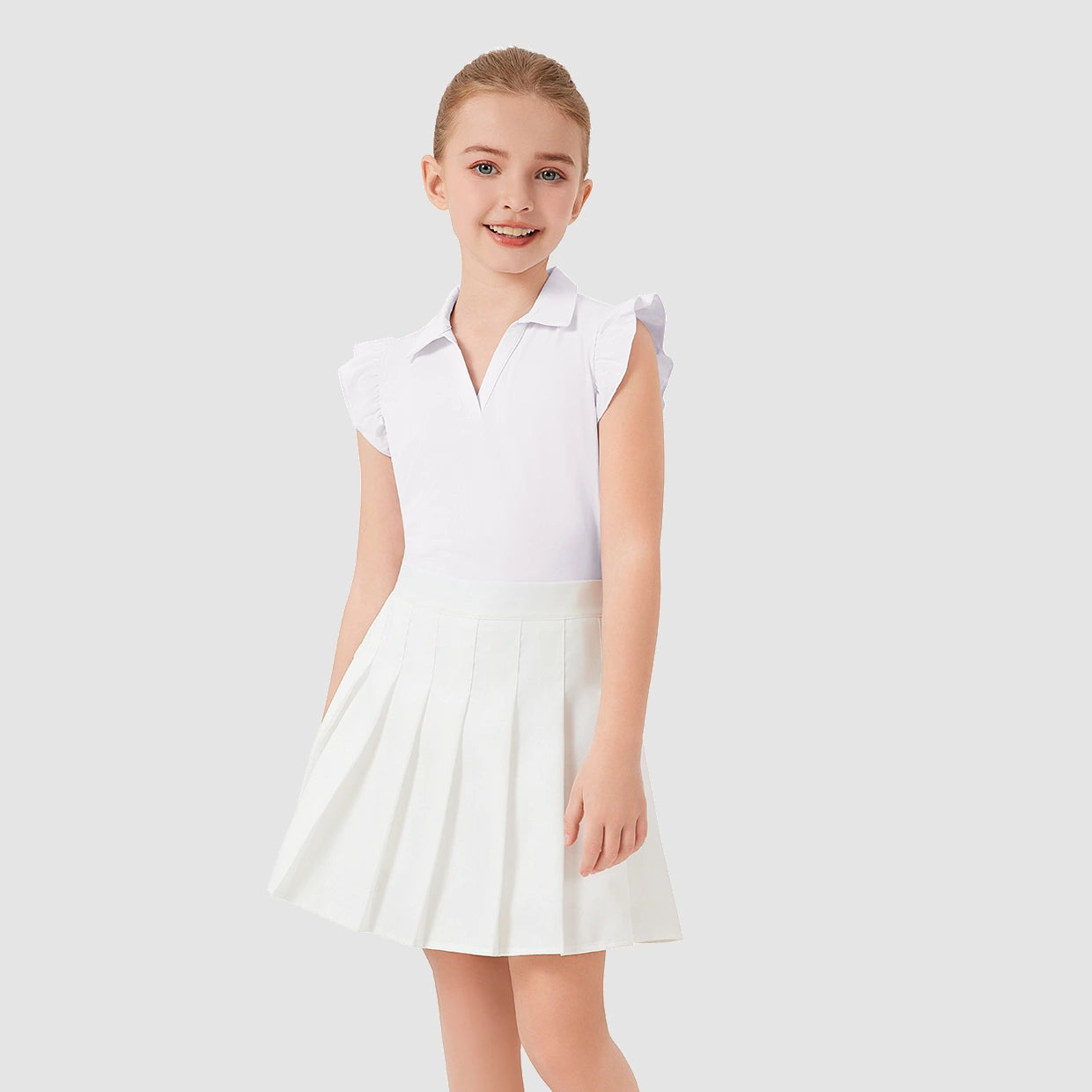 Solid Color V-neck Ruffled Sleeveless Polo Shirt for Girls