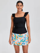 Basic Black Ruffled Tankini Top with Built-in Bra For Women