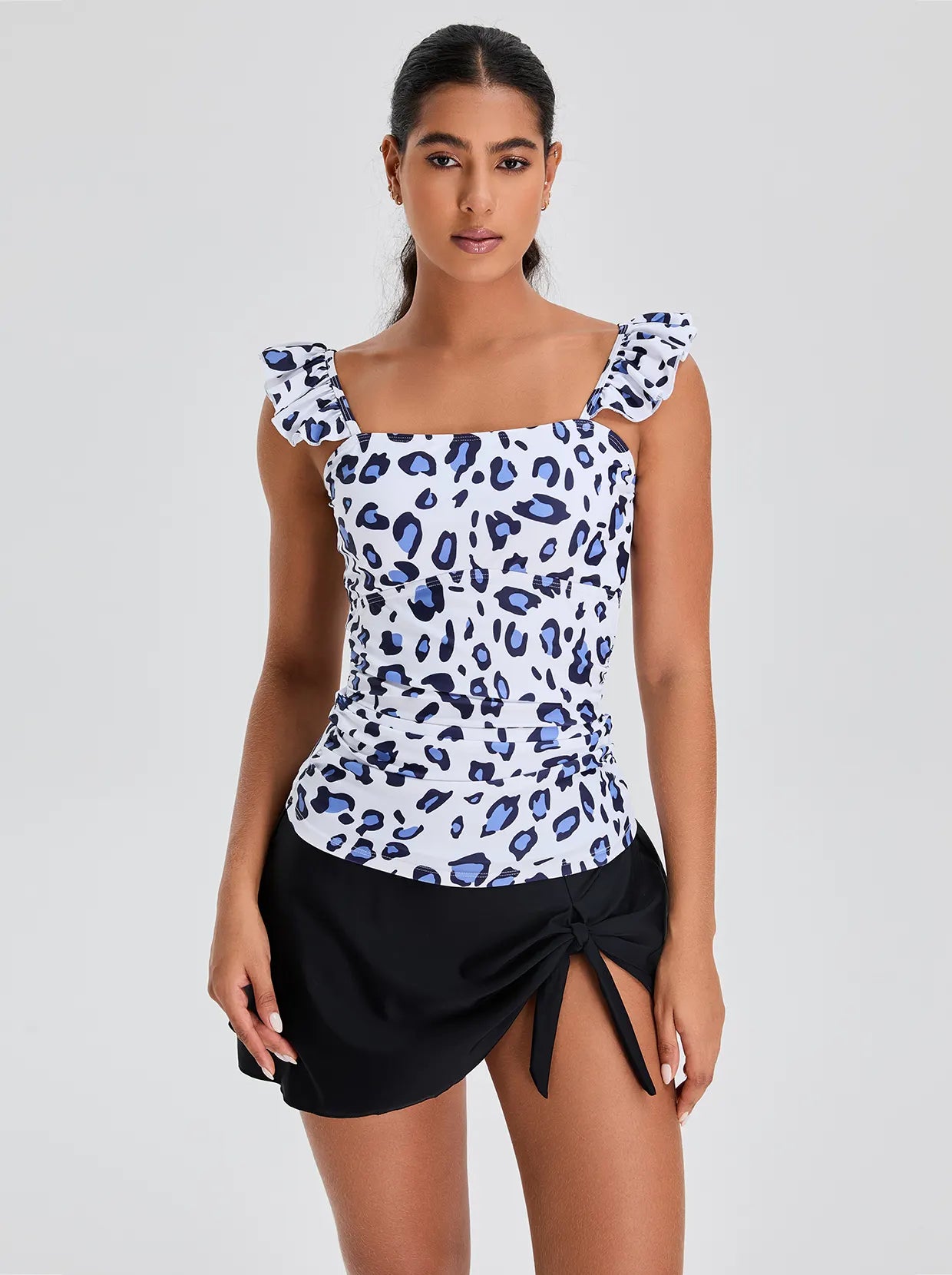 Blue Leopard Ruffled Tankini Top with Built-in Bra