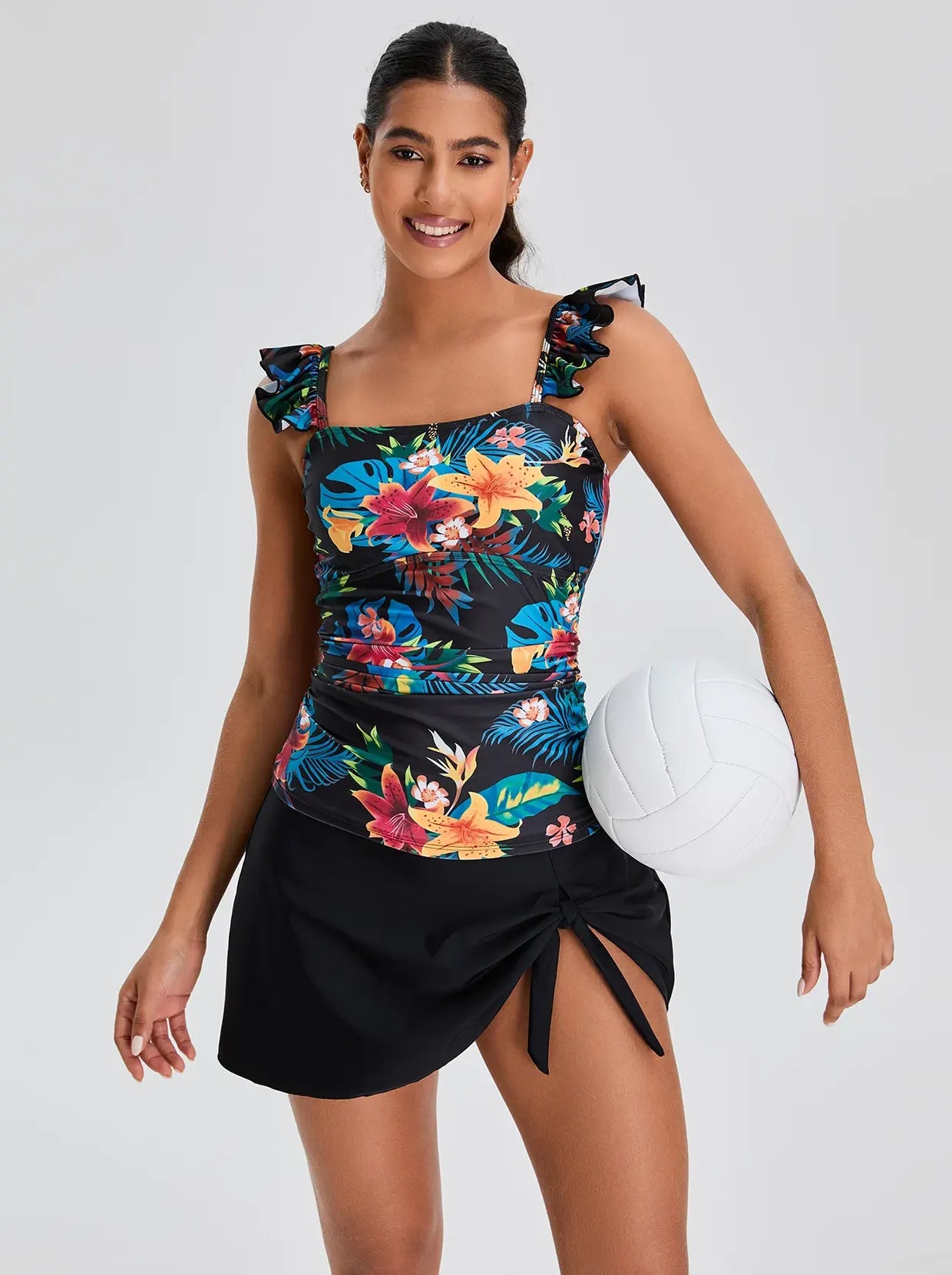 Colorful Floral Ruffled Tankini Top with Built-in Bra