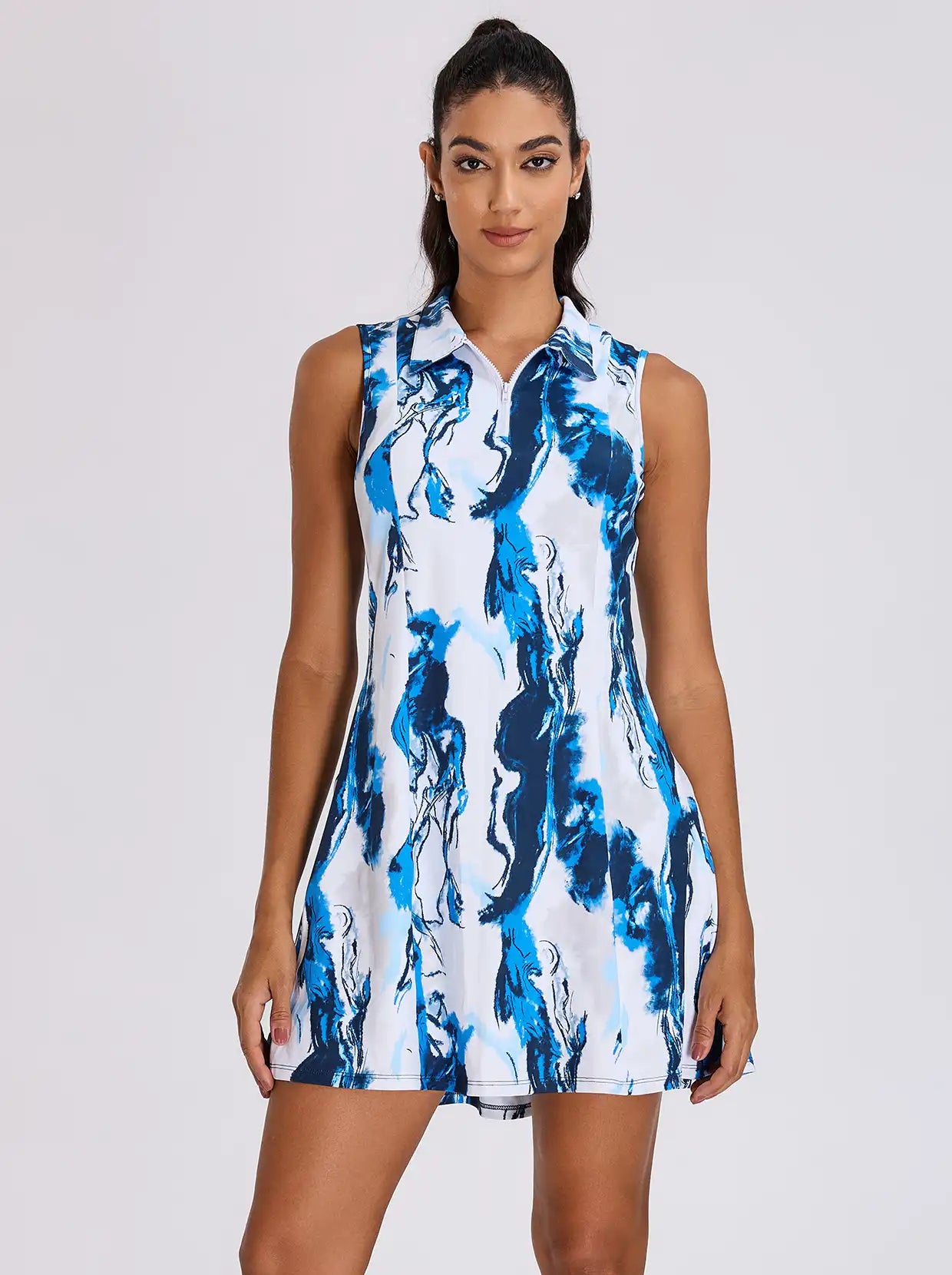 34" Blue Abstract Print Quarter-zip Sleeveless Dress For Women
