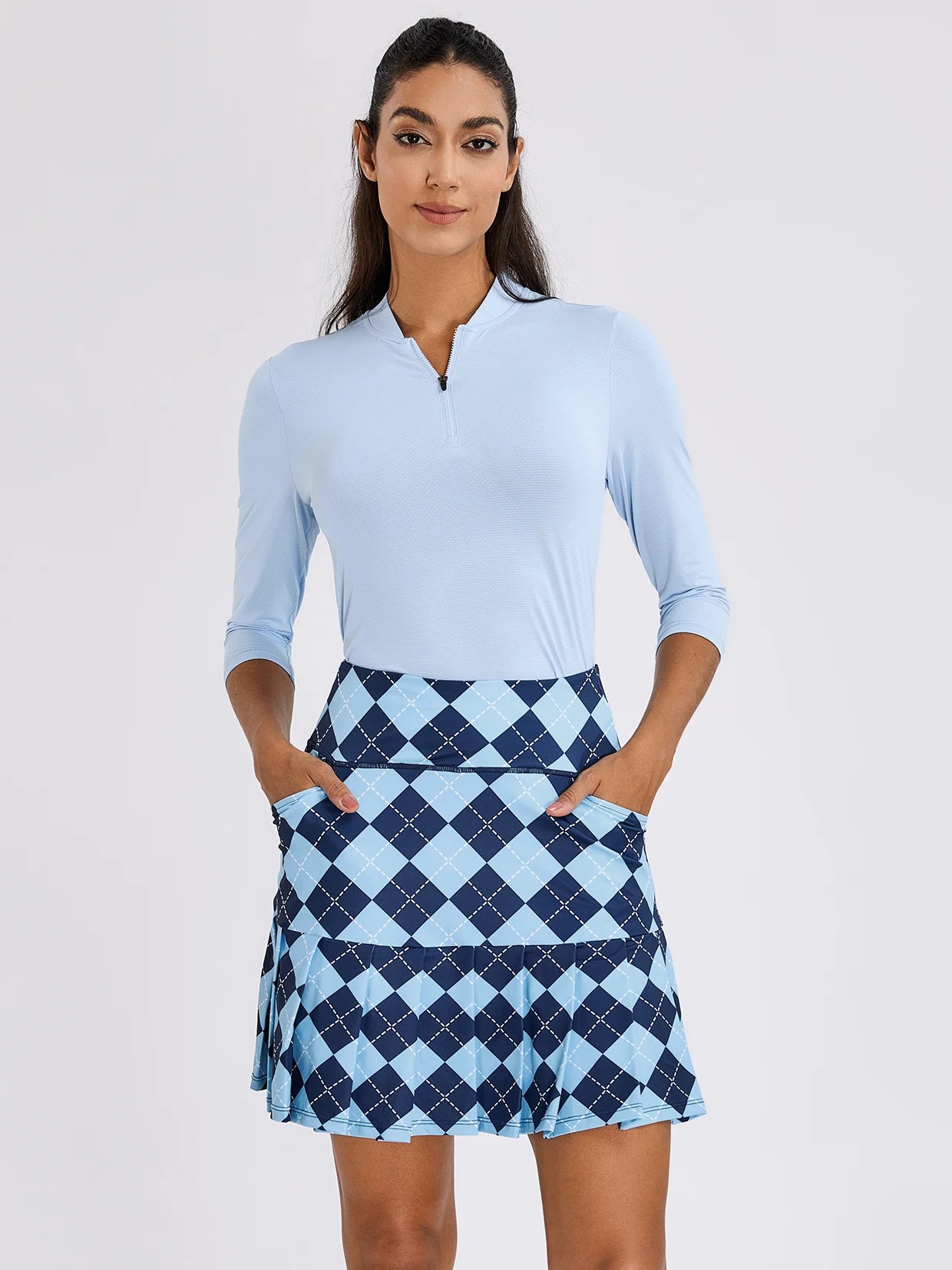 Blue Checkerboard 18" Pleated Active Skort with Shorts and Pockets