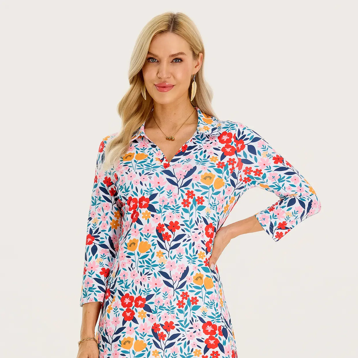 35" V-neck 3/4 Sleeve Polo Dresses with Pockets