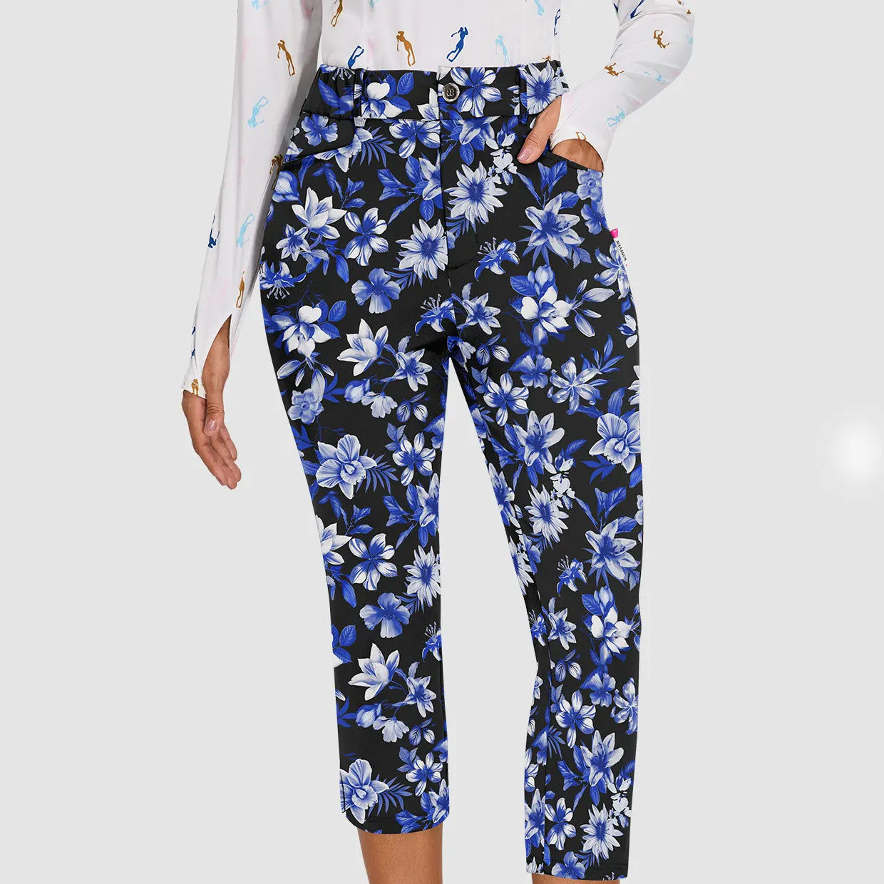 High-Stretch Black Houndstooth Pattern 7/8 Pants with Pockets