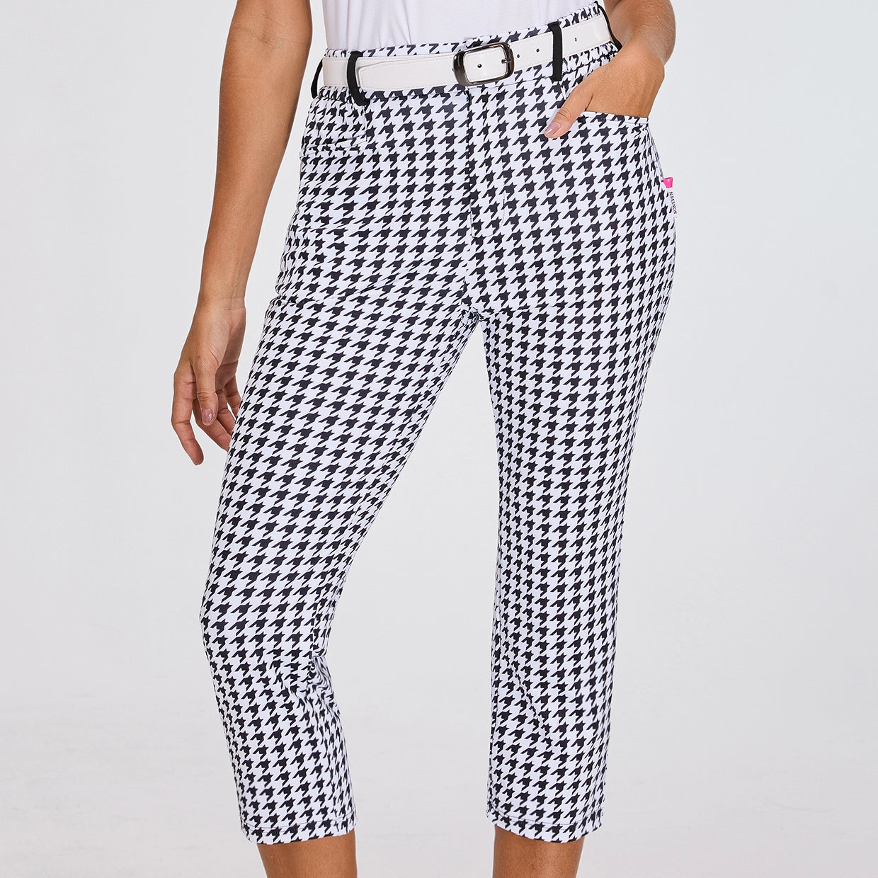Black Houndstooth Pattern High-Rise 7/8 Pants for Women