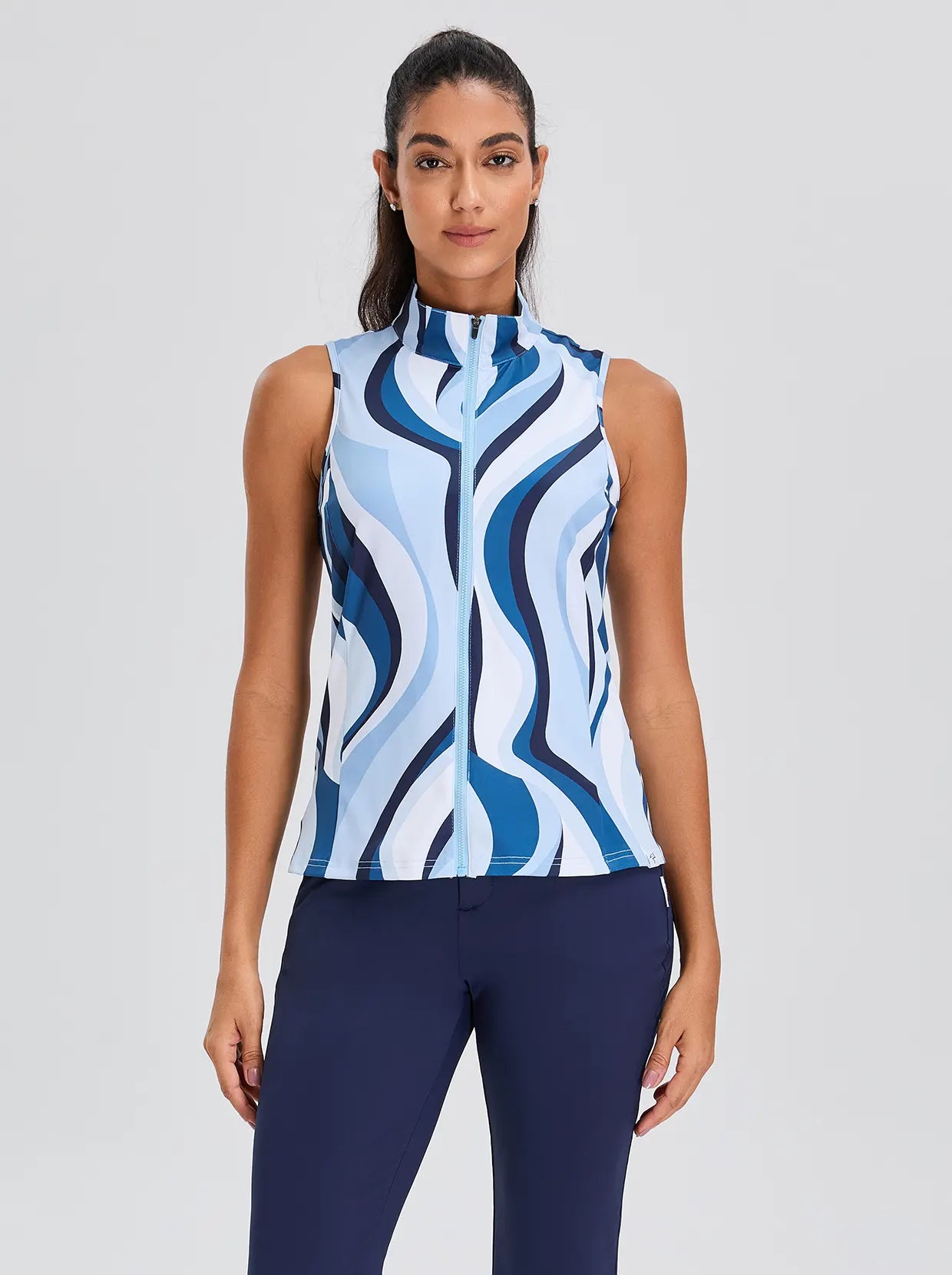 Water Ripples Stand-collar Sleeveless Polo Shirt For Women