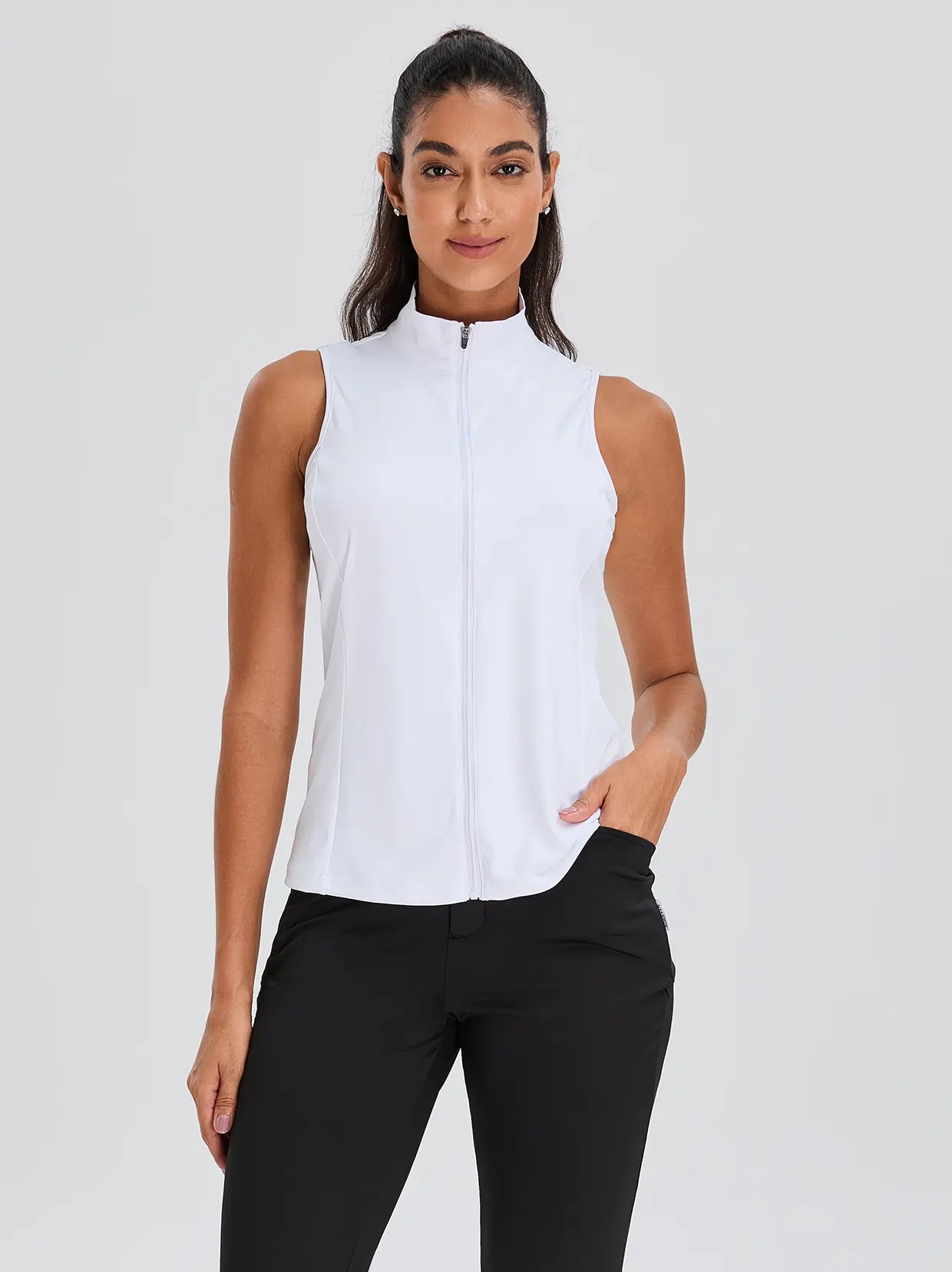 White Stand-collar Sleeveless Polo Shirt For Women