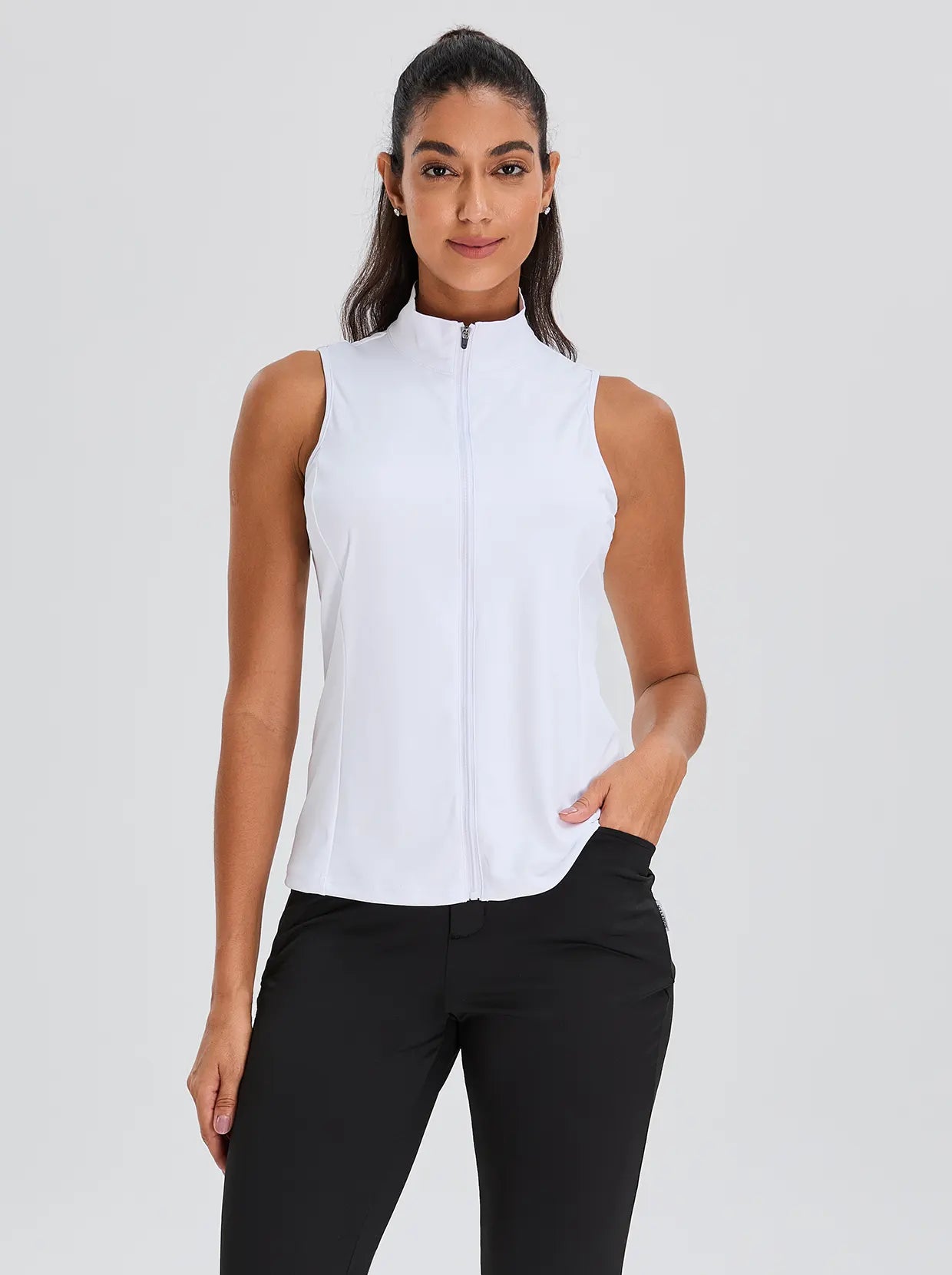 White Stand-collar Sleeveless Polo Shirt For Women