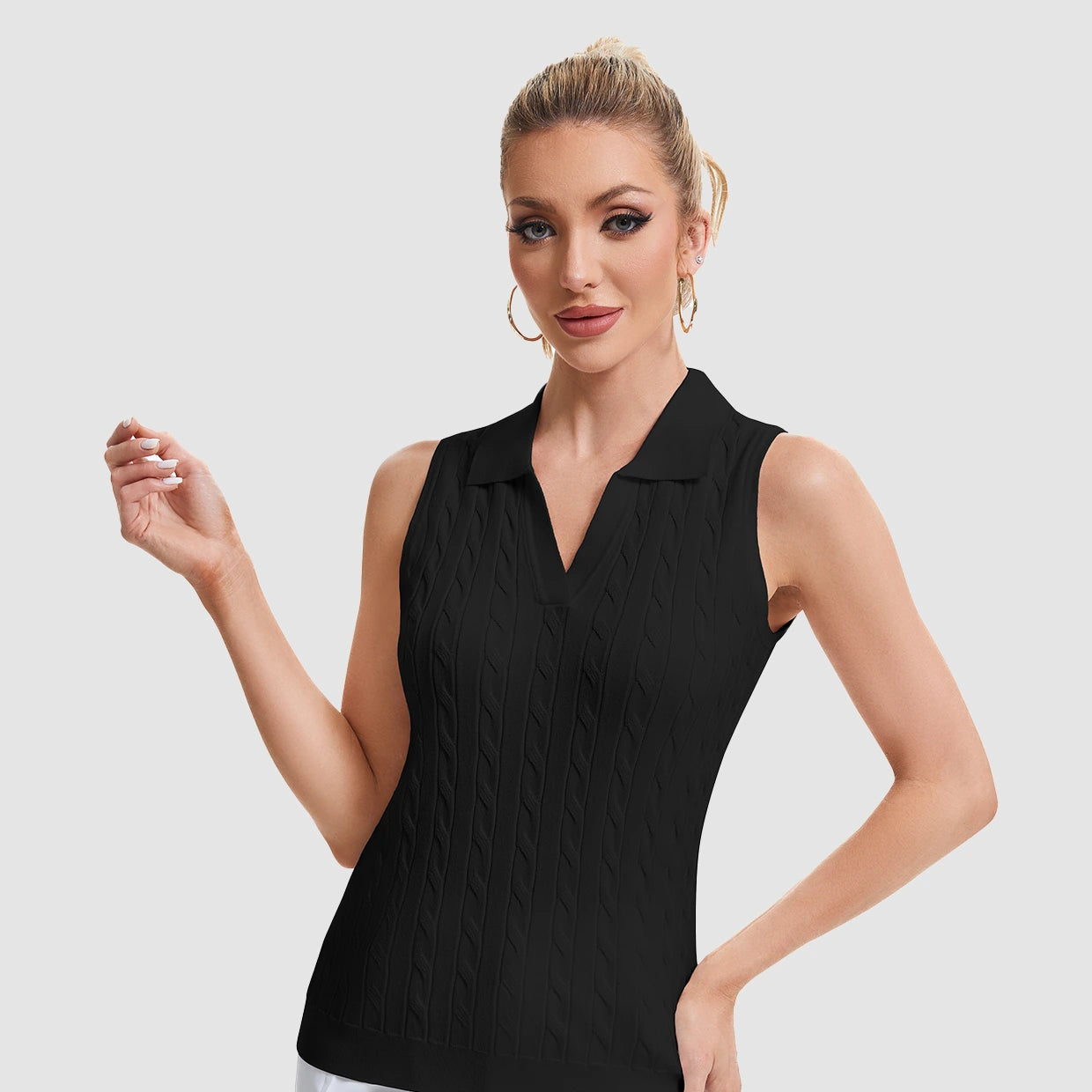 Basic V-neck Sleeveless Cable-Knit Vest for Women