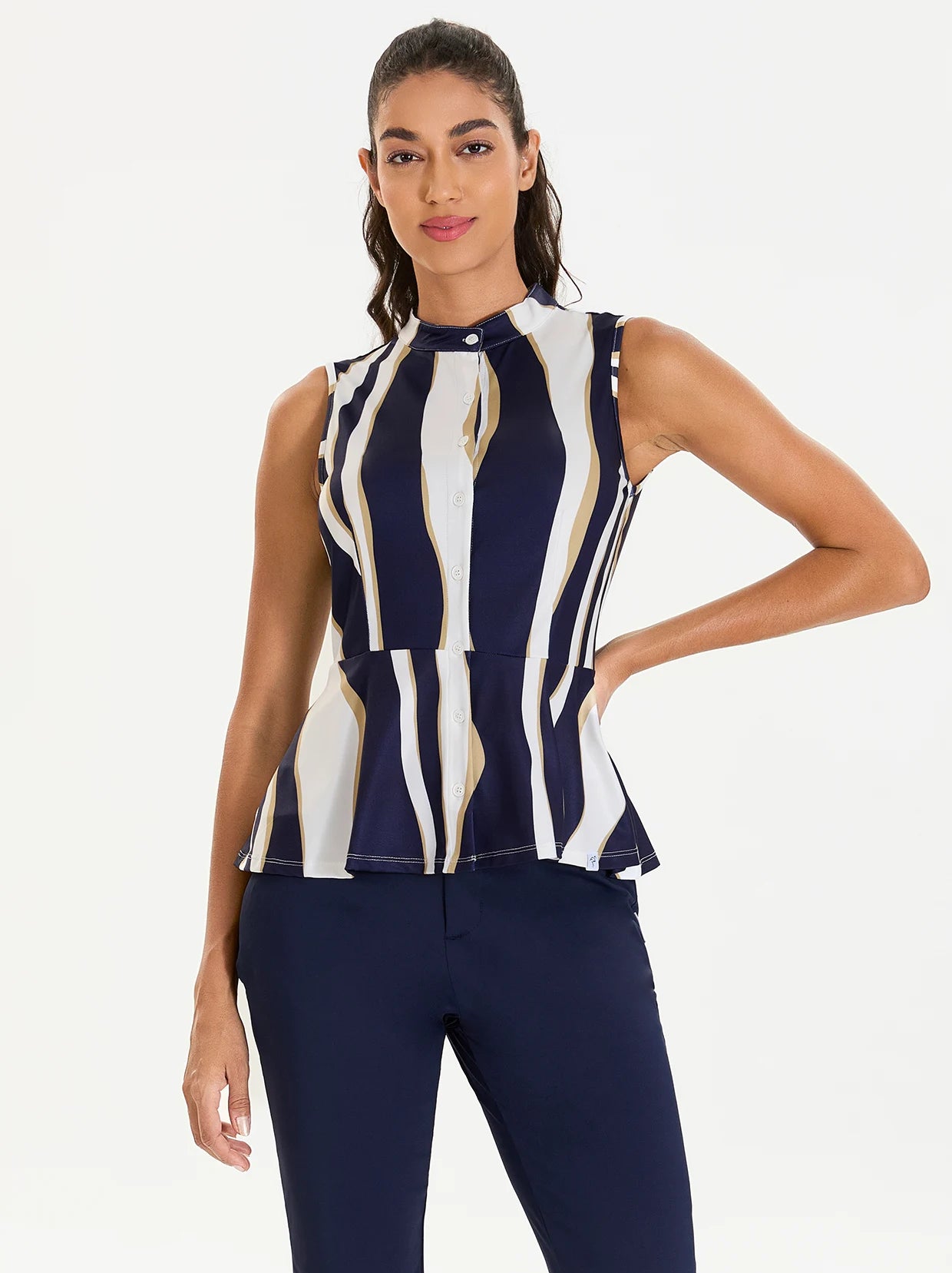 Ladies Striped Pattern Button-down Sleeveless Peplum Top