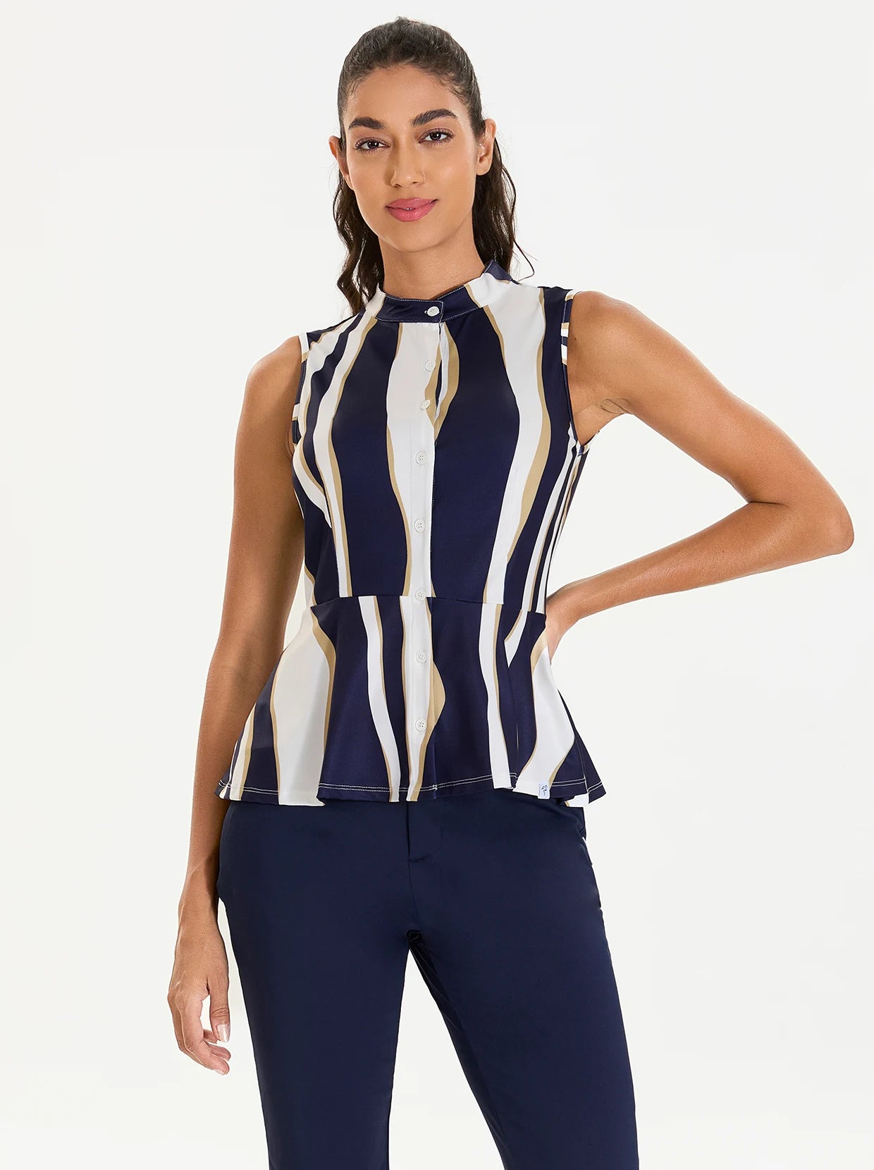 Ladies Striped Pattern Button-down Sleeveless Peplum Top