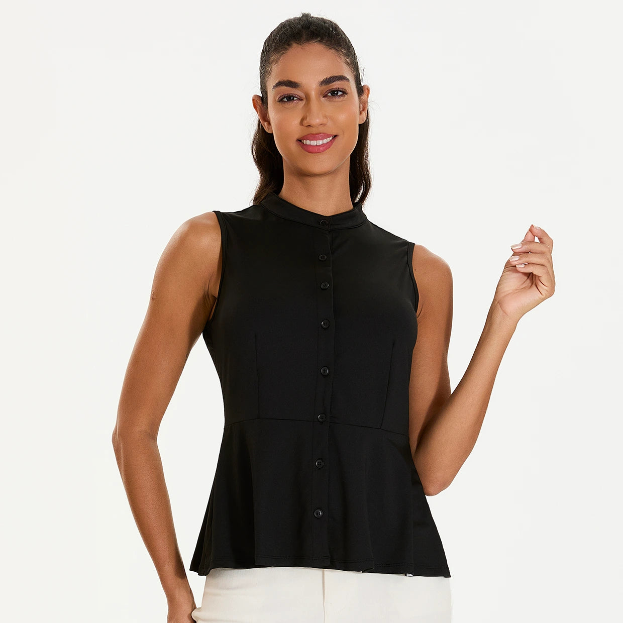 Basic Stand-collar Button-down Sleeveless Peplum Top for Women