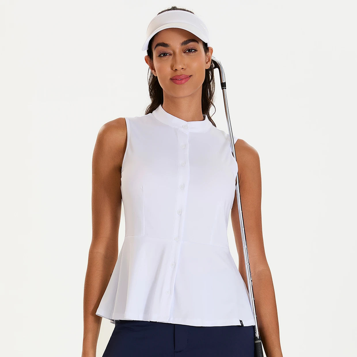 Basic Stand-collar Button-down Sleeveless Peplum Top for Women