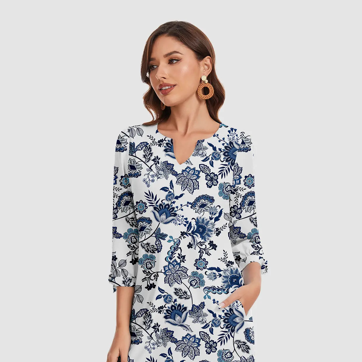 35" UPF50+ V-neck Tie-cuff 3/4 sleeve Active Dress with Pockets
