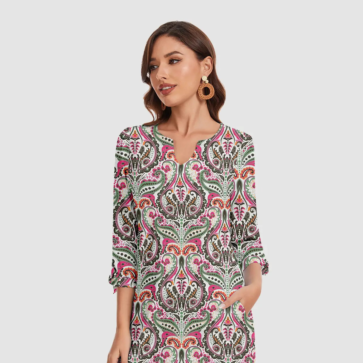 35" UPF50+ V-neck Tie-cuff 3/4 sleeve Active Dress with Pockets