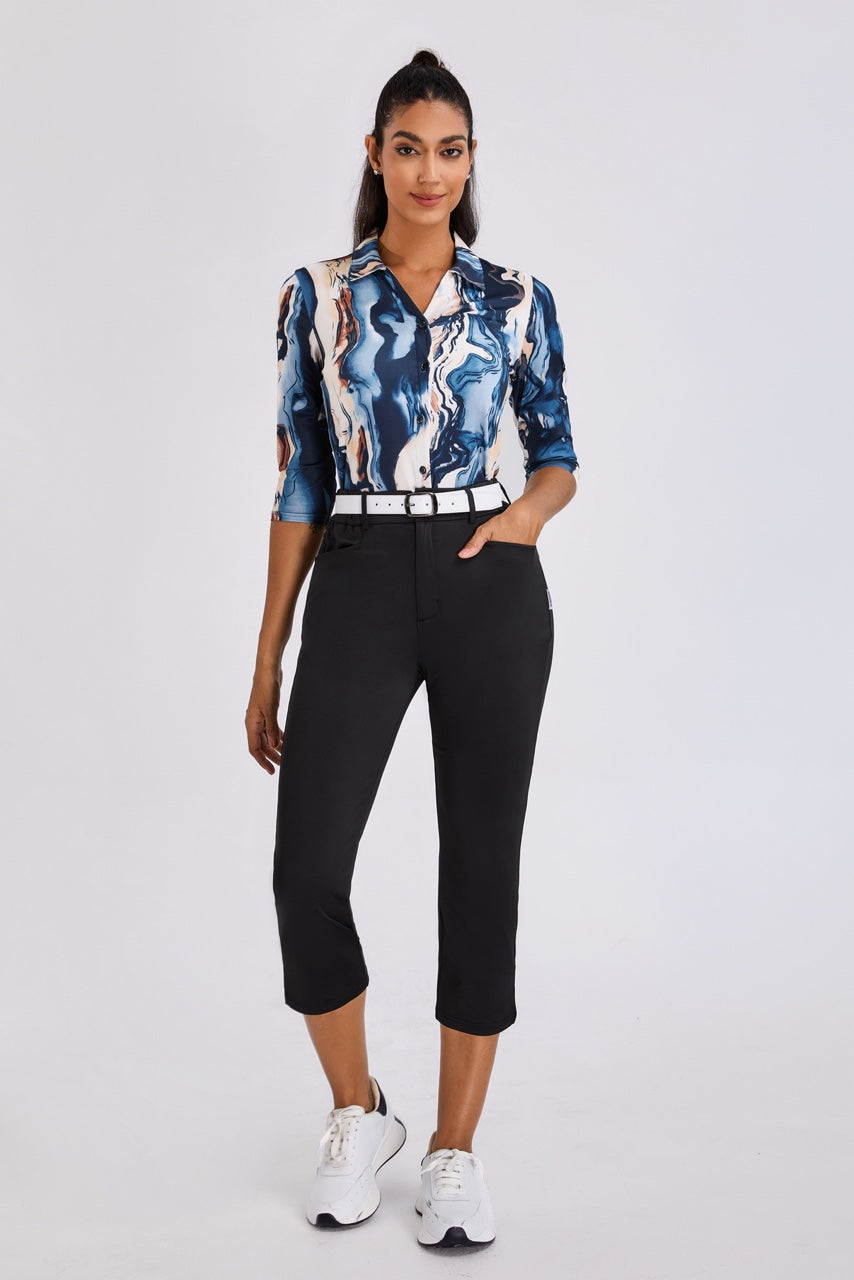 Marble Texture Prints V-Neck Button Down 3/4 Sleeve Shirt