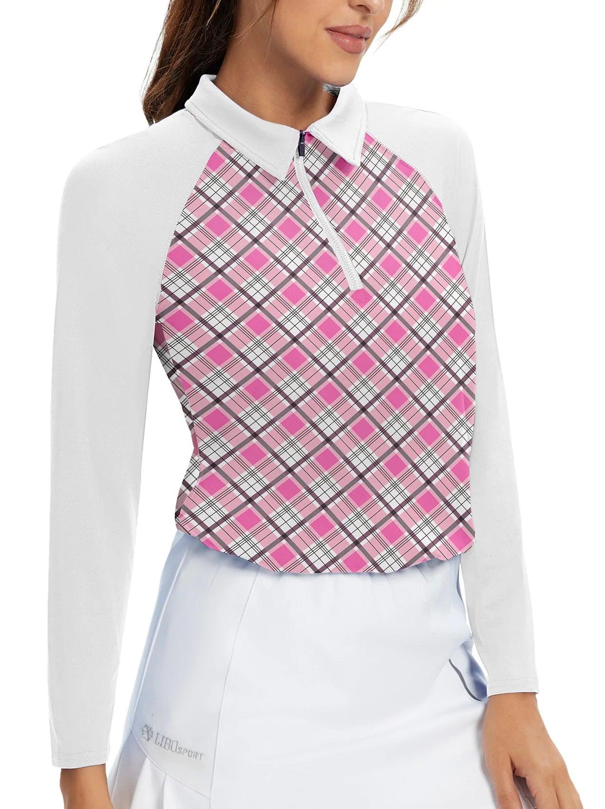 Ladies Long Sleeve Golf Polo ⛳️SO® White and Pink Checkerboard Raglan