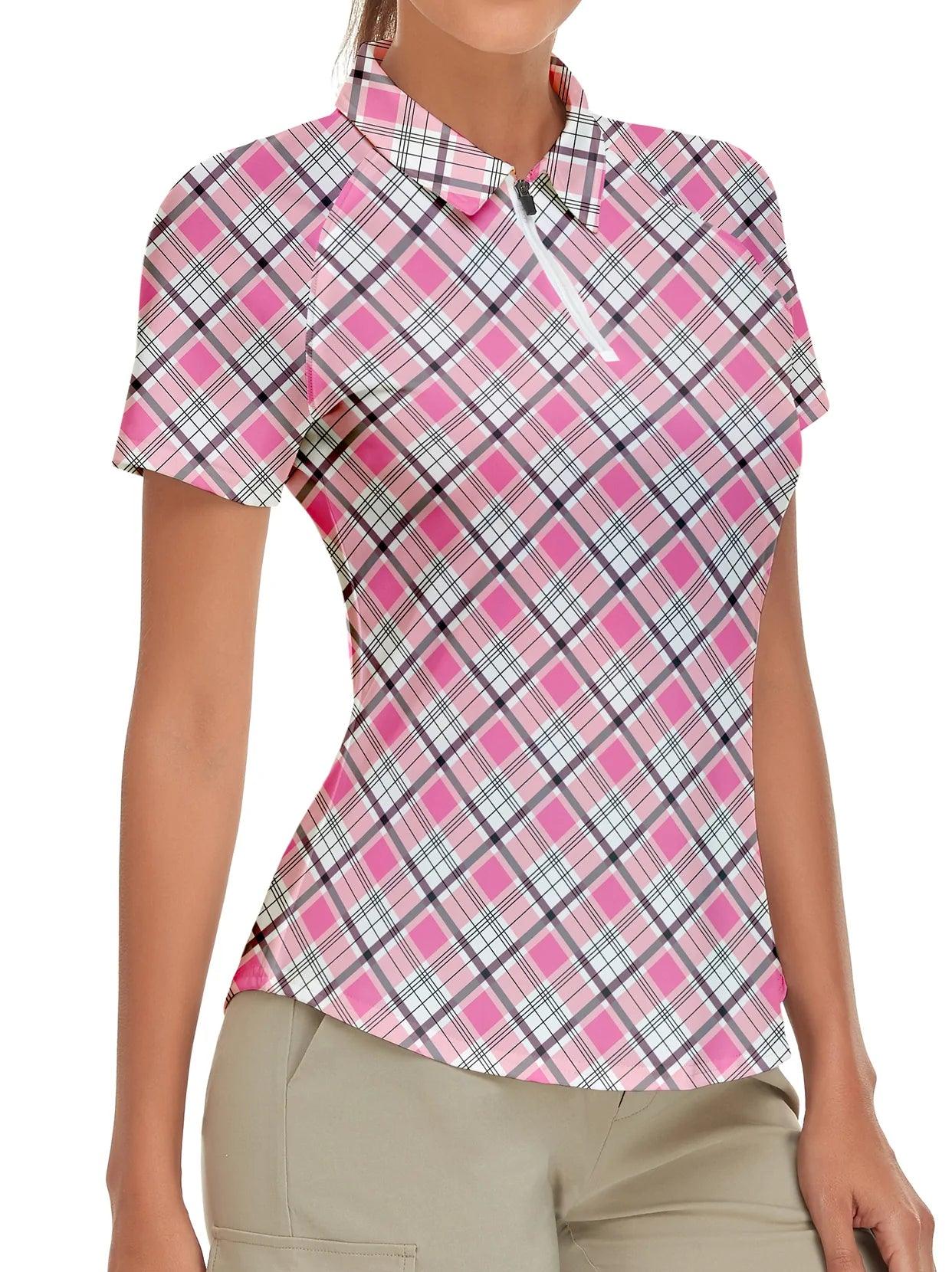 Pink Plaid Tartan Print Women's Golf Shirts