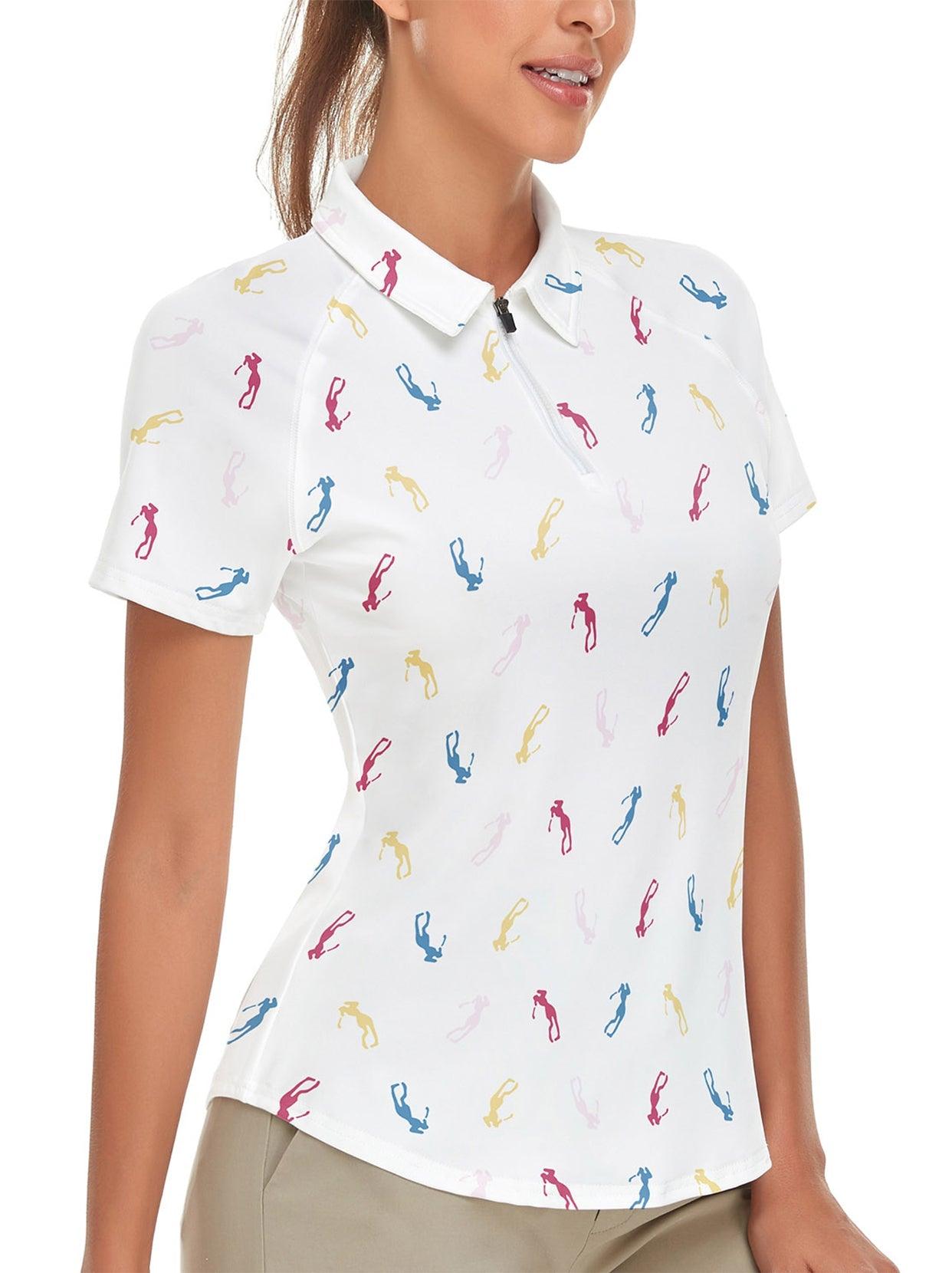 Colorful Golfer Pattern Quarter-zip Short-sleeve Golf Shirt for Ladies