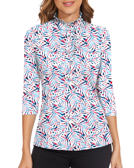 Colorful Leaf Print 3/4 Sleeve Mock  Neck Golf Shirt | Suitable for Business Casual