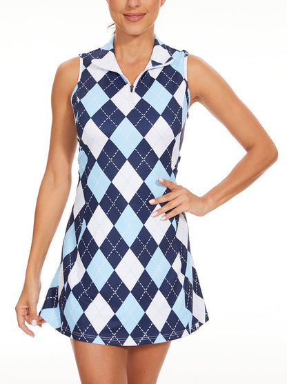 Checkerboard Zipper Golf Dress with Shorts | Suitable for Tennis